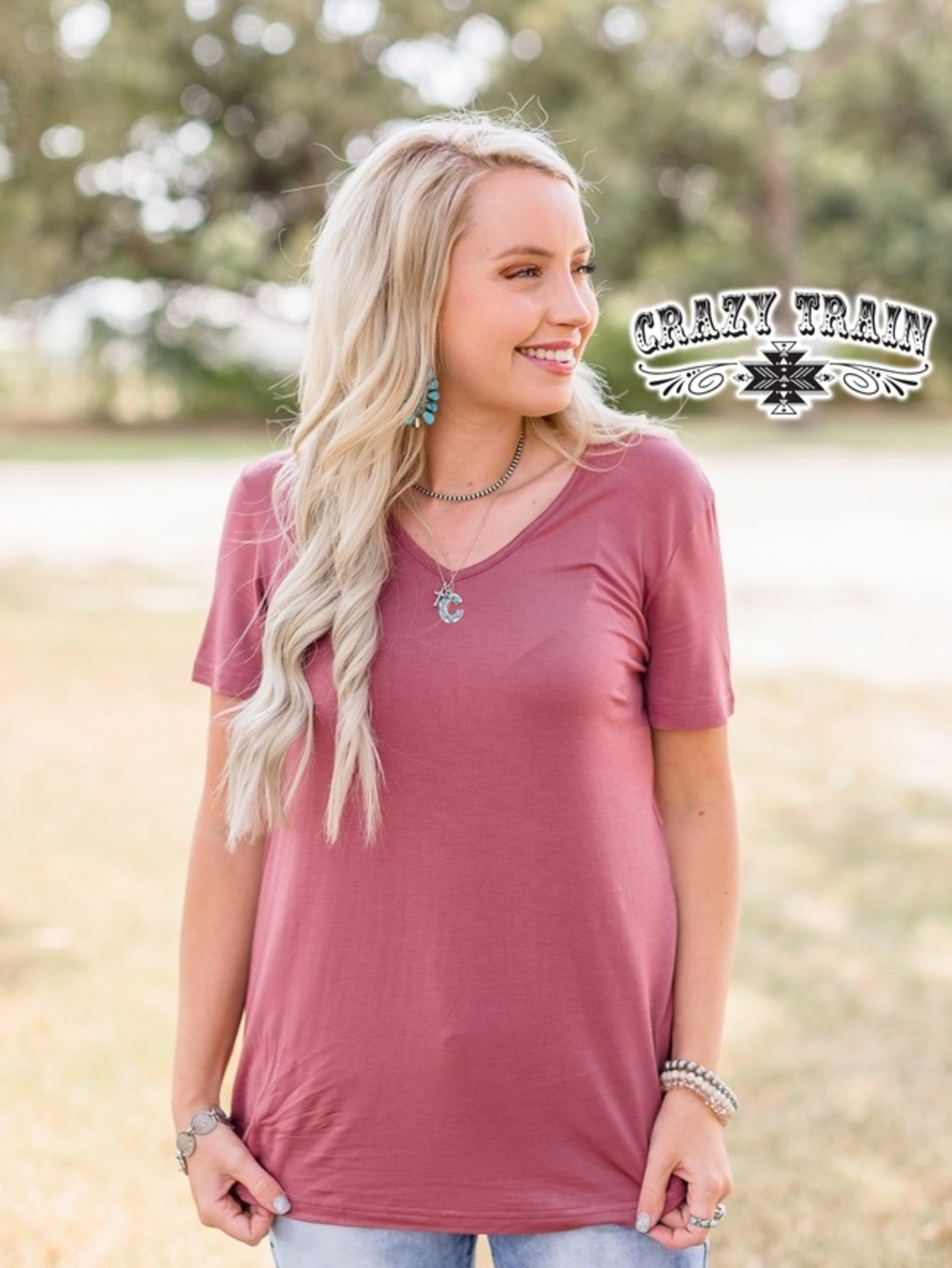 Crazy Train Mauve Basic V-Neck Short Sleeve Tee